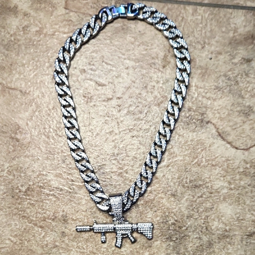 Silver Cuban Link Chain with Gun Pendant